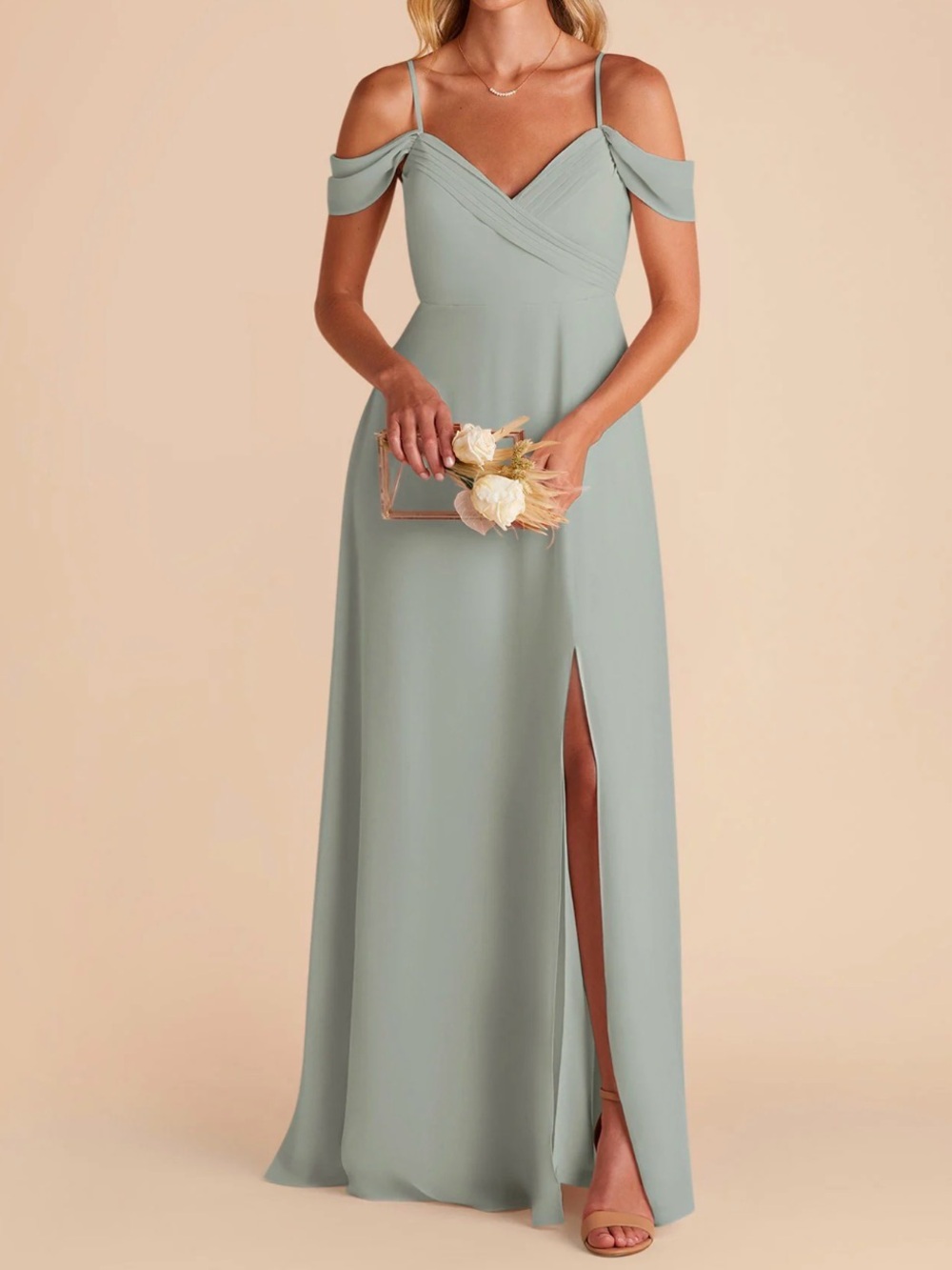Birdie Grey- Spence Sage Chiffon Cold-Shoulder V-Neck bridesmaid Dress